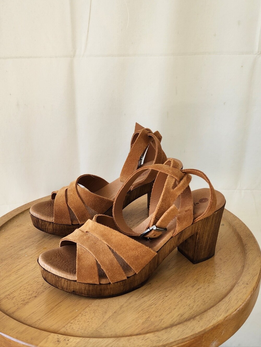 Eric Michael Womenβs Suede Tan Block Heel Sandals